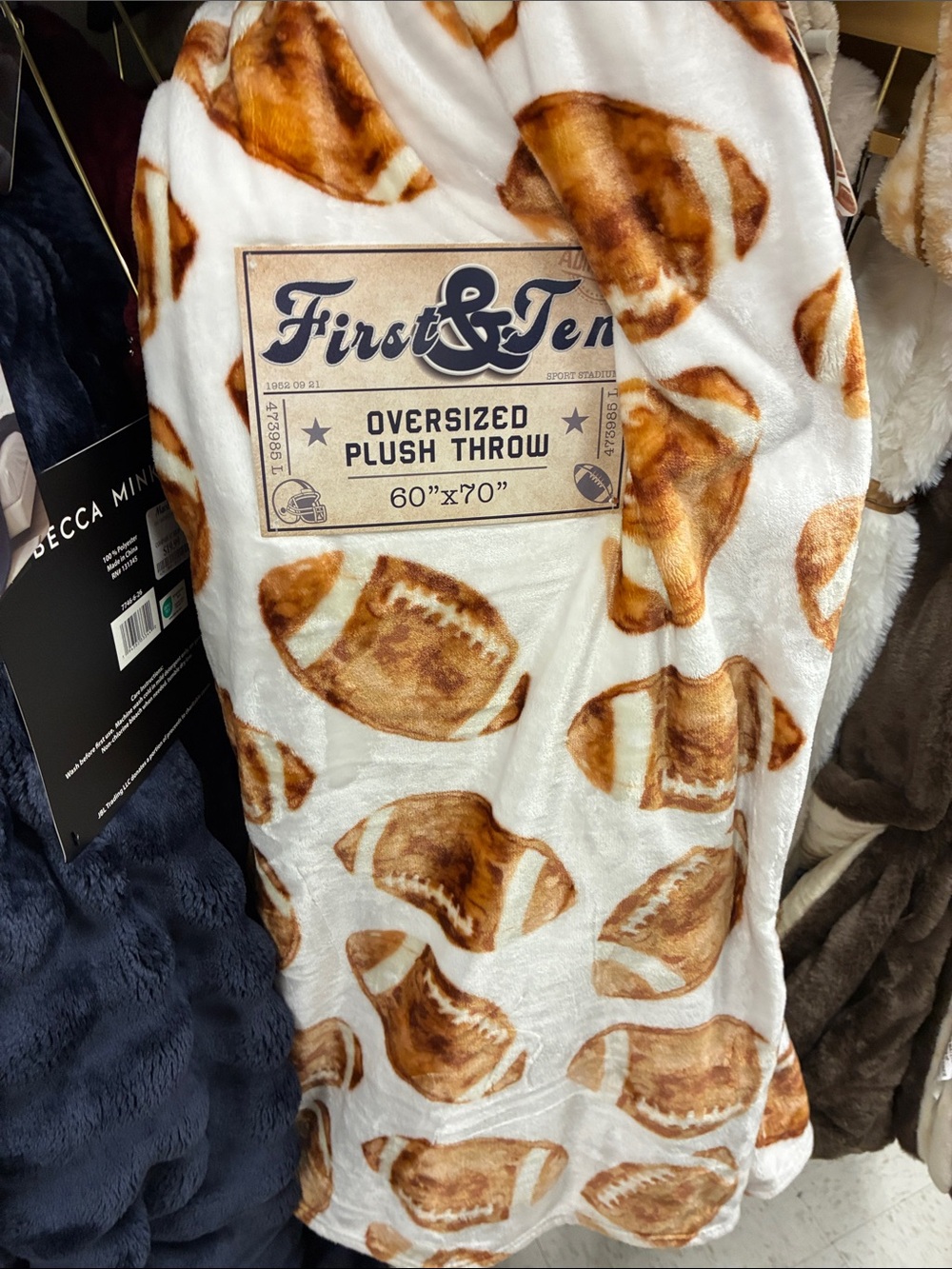 Oversized Plush Throw Blanket - White with Brown Football Print